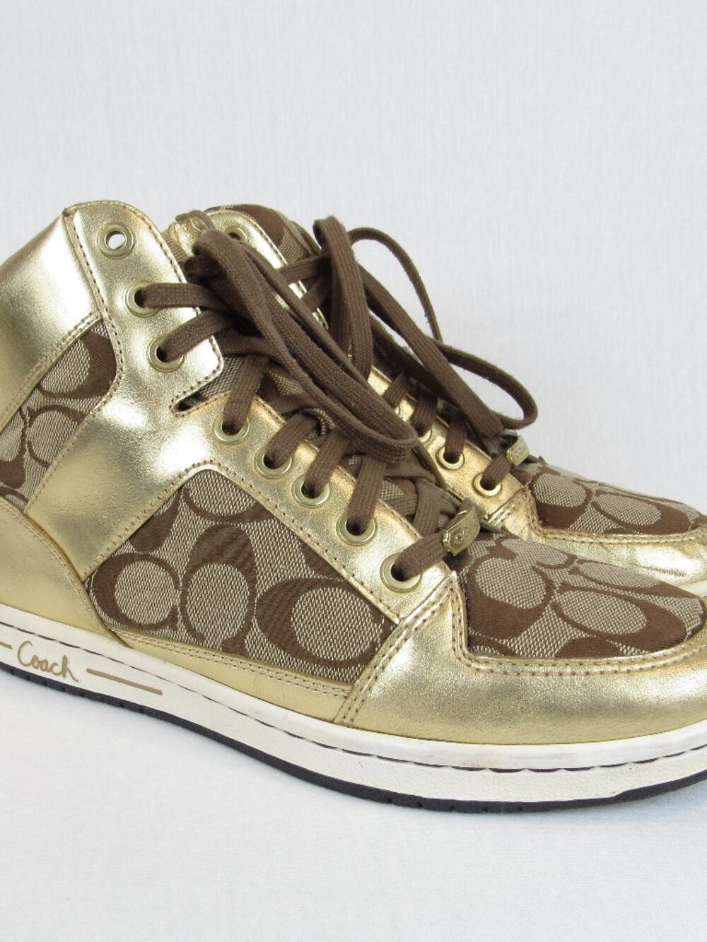 COACH Norra High Top Sneakers Gold Shoes Lace Up Size 8 1/2M Leather Canvas
